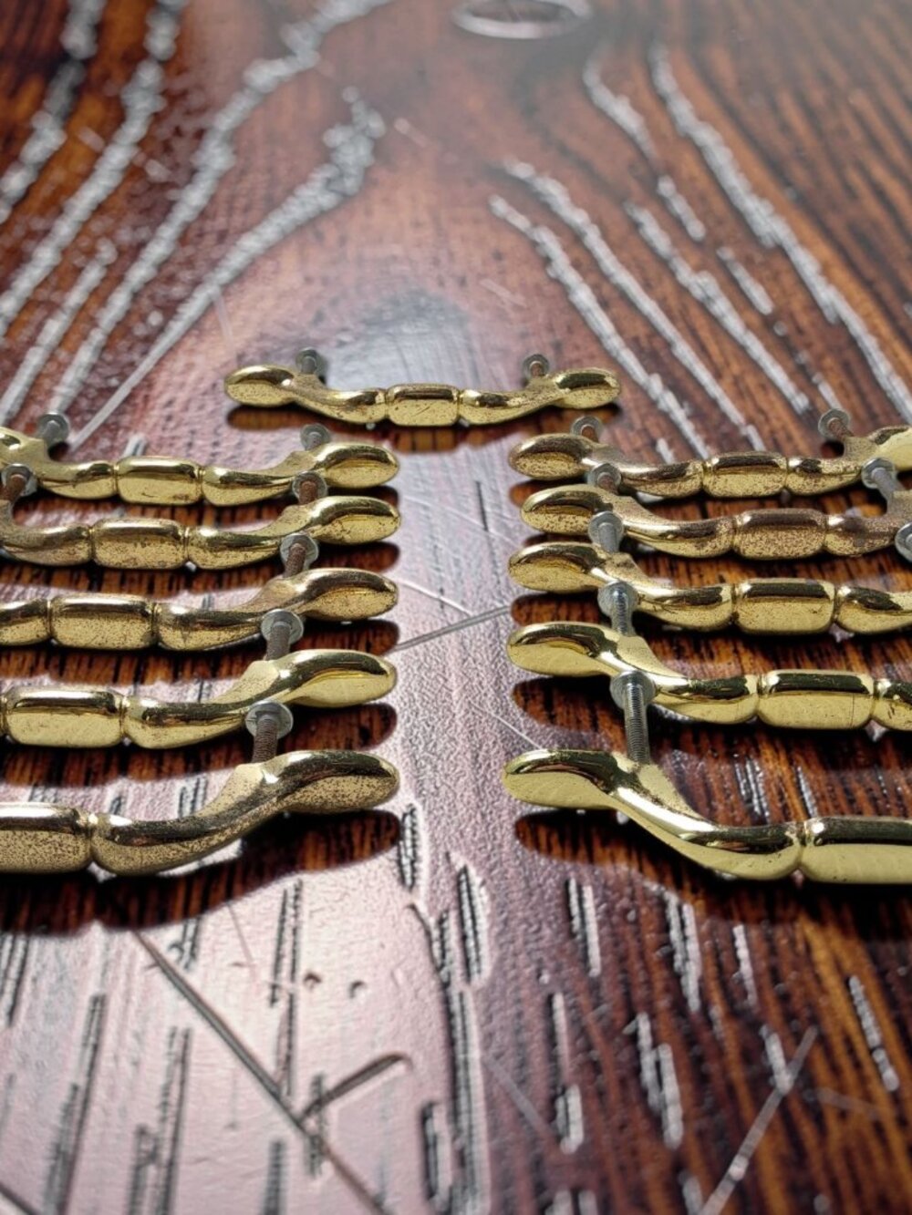 Vintage Gold-Tone Metal Drawer and Cabinet Pulls Segmented Style Design.